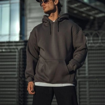 Erkek 3 İplik Pamuklu Kapüşonlu Basic SweatShirt Hoodie - Füme Erkek 3 İplik Pamuklu Kapüşonlu Basic SweatShirt Hoodie - Füme