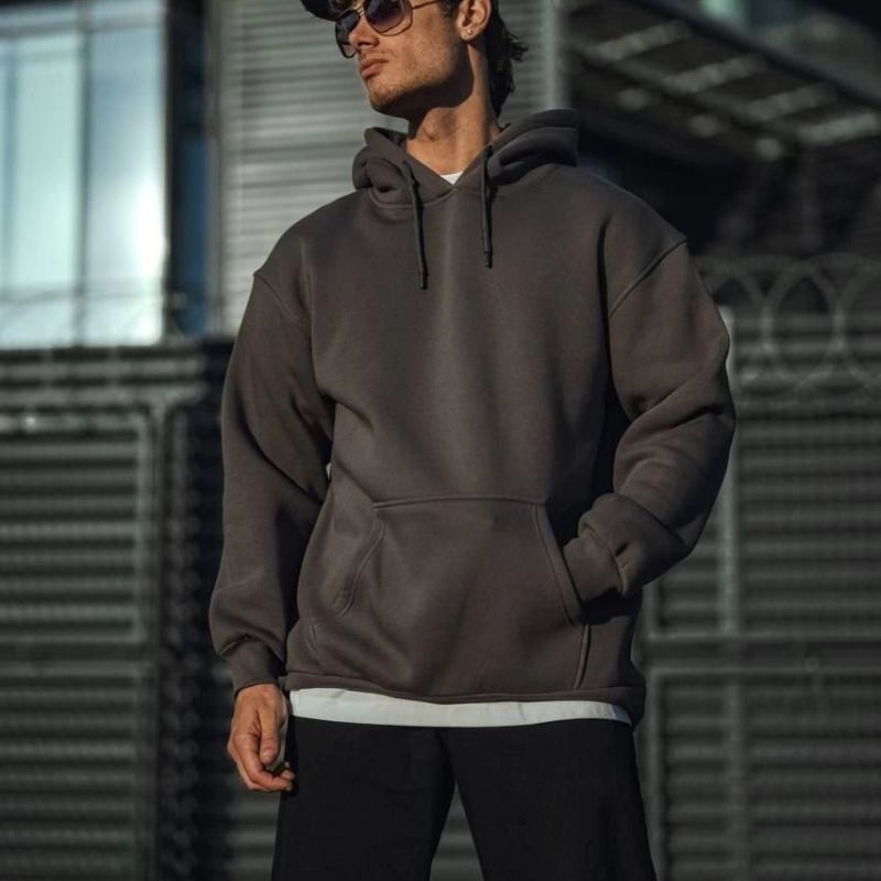 Erkek 3 İplik Pamuklu Kapüşonlu Basic SweatShirt Hoodie - Füme Erkek 3 İplik Pamuklu Kapüşonlu Basic SweatShirt Hoodie - Füme