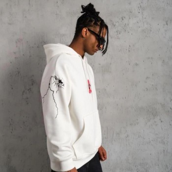 Erkek 3 İplik Pamuklu Kapüşonlu Baskılı Cepli Oversize Sweatshirt Hoodie - Beyaz
