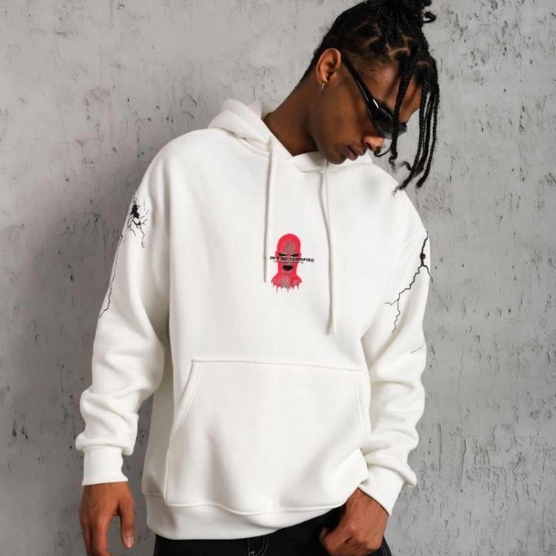 Erkek 3 İplik Pamuklu Kapüşonlu Baskılı Cepli Oversize Sweatshirt Hoodie - Beyaz Erkek 3 İplik Pamuklu Kapüşonlu Baskılı Cepli Oversize Sweatshirt Hoodie - Beyaz