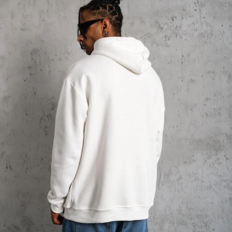 Erkek 3 İplik Pamuklu Kapüşonlu Baskılı Cepli Oversize Sweatshirt Hoodie - Beyaz Erkek 3 İplik Pamuklu Kapüşonlu Baskılı Cepli Oversize Sweatshirt Hoodie - Beyaz
