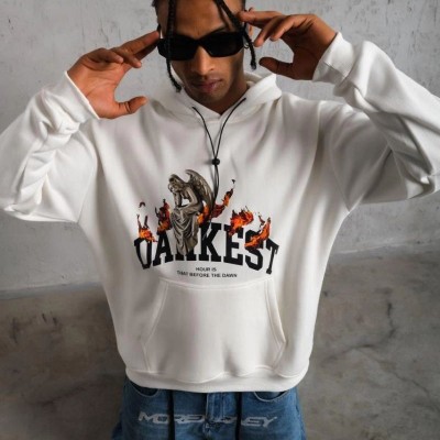 Erkek 3 İplik Pamuklu Kapüşonlu Baskılı Cepli Oversize Sweatshirt Hoodie - Beyaz Erkek 3 İplik Pamuklu Kapüşonlu Baskılı Cepli Oversize Sweatshirt Hoodie - Beyaz