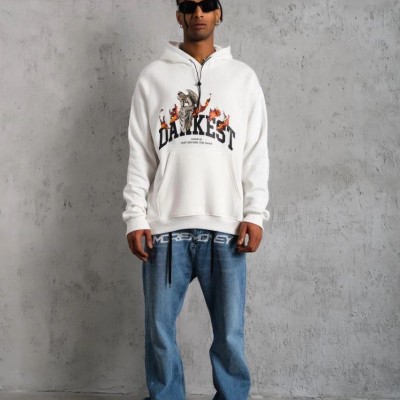 Erkek 3 İplik Pamuklu Kapüşonlu Baskılı Cepli Oversize Sweatshirt Hoodie - Beyaz Erkek 3 İplik Pamuklu Kapüşonlu Baskılı Cepli Oversize Sweatshirt Hoodie - Beyaz