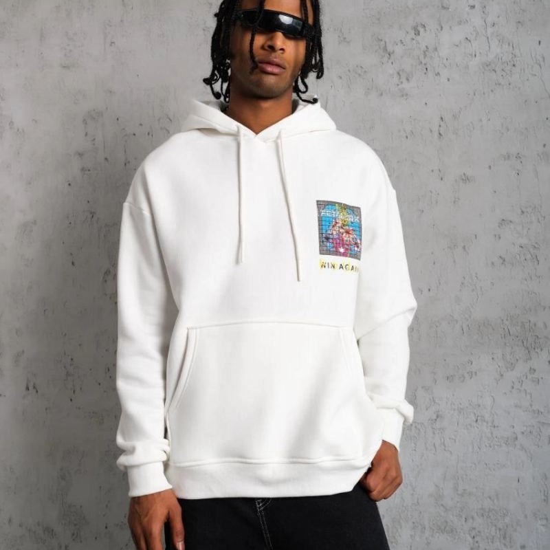 Erkek 3 İplik Pamuklu Kapüşonlu Baskılı Cepli Oversize Sweatshirt Hoodie - Beyaz Erkek 3 İplik Pamuklu Kapüşonlu Baskılı Cepli Oversize Sweatshirt Hoodie - Beyaz