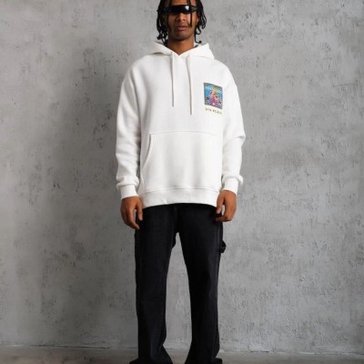 Erkek 3 İplik Pamuklu Kapüşonlu Baskılı Cepli Oversize Sweatshirt Hoodie - Beyaz Erkek 3 İplik Pamuklu Kapüşonlu Baskılı Cepli Oversize Sweatshirt Hoodie - Beyaz