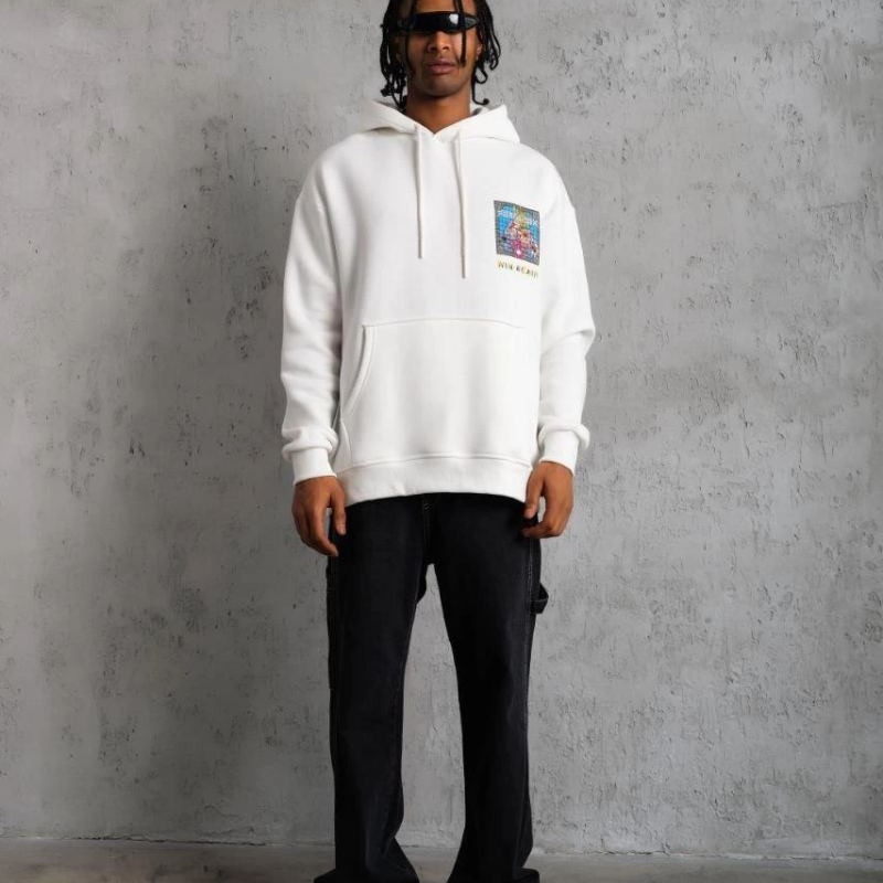 Erkek 3 İplik Pamuklu Kapüşonlu Baskılı Cepli Oversize Sweatshirt Hoodie - Beyaz Erkek 3 İplik Pamuklu Kapüşonlu Baskılı Cepli Oversize Sweatshirt Hoodie - Beyaz