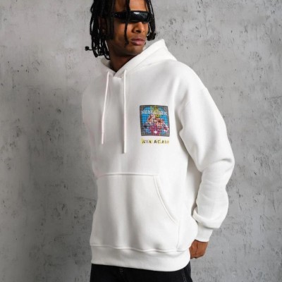 Erkek 3 İplik Pamuklu Kapüşonlu Baskılı Cepli Oversize Sweatshirt Hoodie - Beyaz Erkek 3 İplik Pamuklu Kapüşonlu Baskılı Cepli Oversize Sweatshirt Hoodie - Beyaz