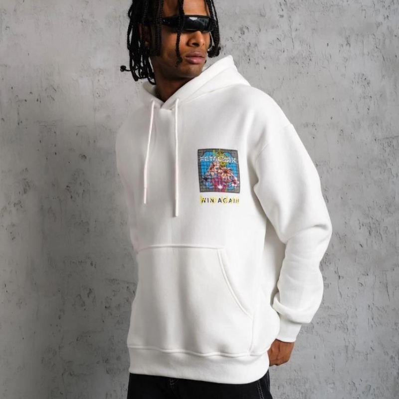 Erkek 3 İplik Pamuklu Kapüşonlu Baskılı Cepli Oversize Sweatshirt Hoodie - Beyaz Erkek 3 İplik Pamuklu Kapüşonlu Baskılı Cepli Oversize Sweatshirt Hoodie - Beyaz