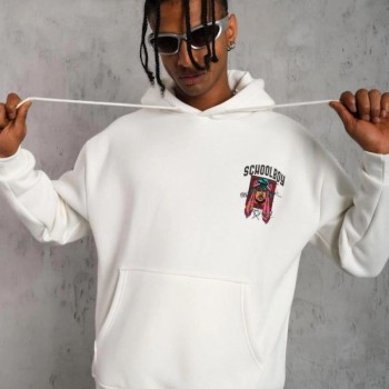 Erkek 3 İplik Pamuklu Kapüşonlu Baskılı Cepli Oversize Sweatshirt Hoodie - Beyaz