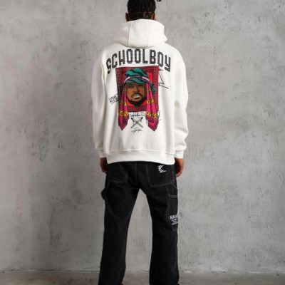 Erkek 3 İplik Pamuklu Kapüşonlu Baskılı Cepli Oversize Sweatshirt Hoodie - Beyaz Erkek 3 İplik Pamuklu Kapüşonlu Baskılı Cepli Oversize Sweatshirt Hoodie - Beyaz