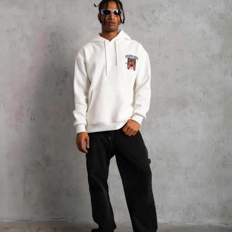 Erkek 3 İplik Pamuklu Kapüşonlu Baskılı Cepli Oversize Sweatshirt Hoodie - Beyaz Erkek 3 İplik Pamuklu Kapüşonlu Baskılı Cepli Oversize Sweatshirt Hoodie - Beyaz