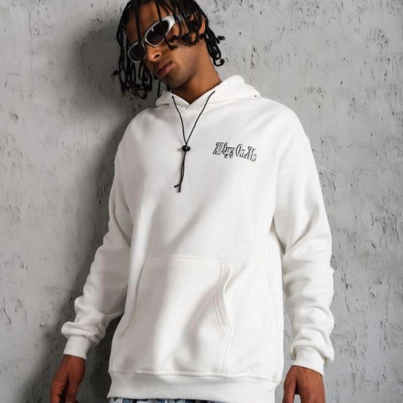 Erkek 3 İplik Pamuklu Kapüşonlu Baskılı Cepli Oversize Sweatshirt Hoodie - Beyaz Erkek 3 İplik Pamuklu Kapüşonlu Baskılı Cepli Oversize Sweatshirt Hoodie - Beyaz