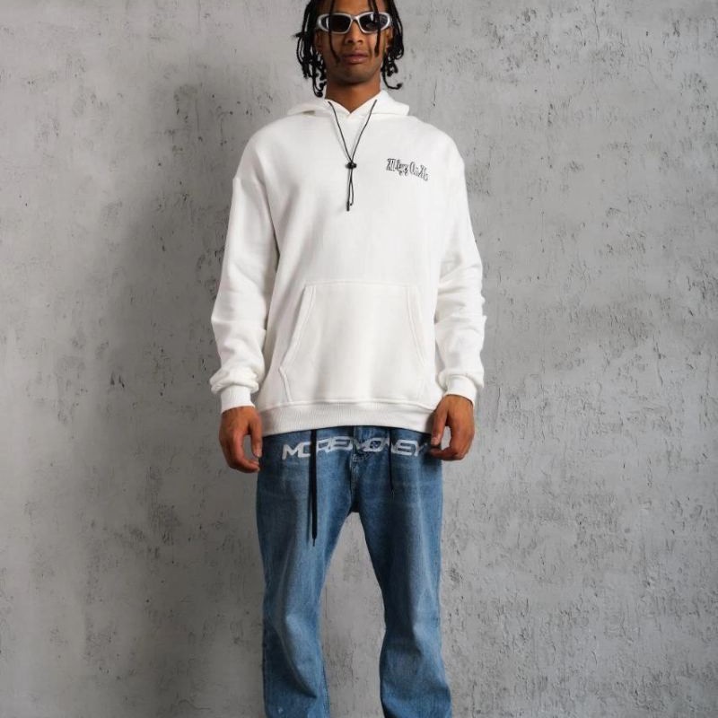 Erkek 3 İplik Pamuklu Kapüşonlu Baskılı Cepli Oversize Sweatshirt Hoodie - Beyaz Erkek 3 İplik Pamuklu Kapüşonlu Baskılı Cepli Oversize Sweatshirt Hoodie - Beyaz