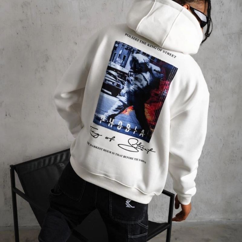 Erkek 3 İplik Pamuklu Kapüşonlu Baskılı Cepli Oversize Sweatshirt Hoodie - Beyaz Erkek 3 İplik Pamuklu Kapüşonlu Baskılı Cepli Oversize Sweatshirt Hoodie - Beyaz
