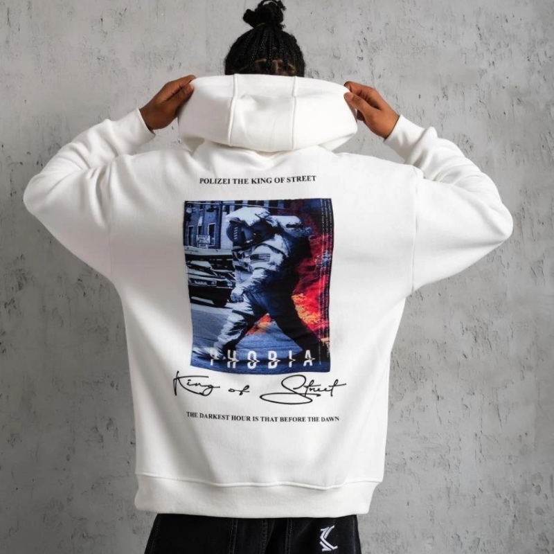Erkek 3 İplik Pamuklu Kapüşonlu Baskılı Cepli Oversize Sweatshirt Hoodie - Beyaz Erkek 3 İplik Pamuklu Kapüşonlu Baskılı Cepli Oversize Sweatshirt Hoodie - Beyaz