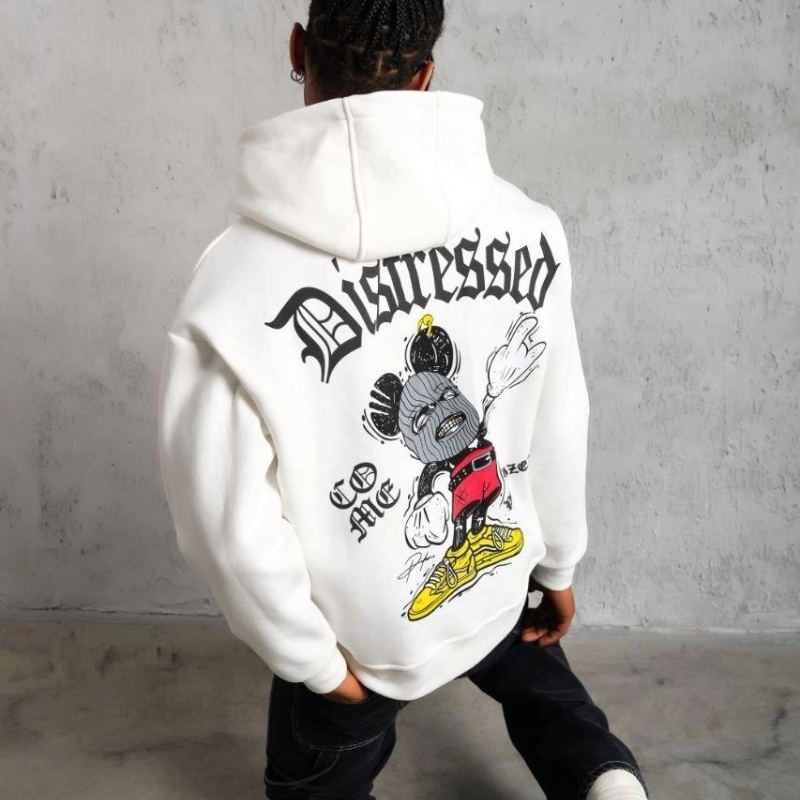 Erkek 3 İplik Pamuklu Kapüşonlu Baskılı Cepli Oversize Sweatshirt Hoodie - Beyaz Erkek 3 İplik Pamuklu Kapüşonlu Baskılı Cepli Oversize Sweatshirt Hoodie - Beyaz
