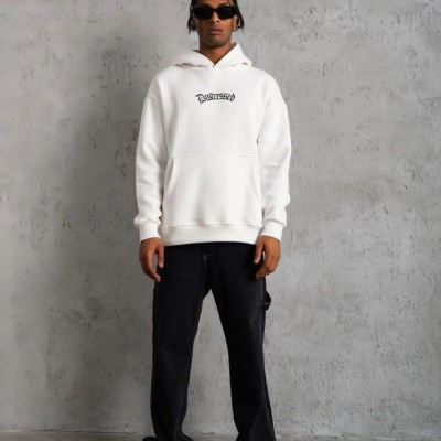 Erkek 3 İplik Pamuklu Kapüşonlu Baskılı Cepli Oversize Sweatshirt Hoodie - Beyaz Erkek 3 İplik Pamuklu Kapüşonlu Baskılı Cepli Oversize Sweatshirt Hoodie - Beyaz