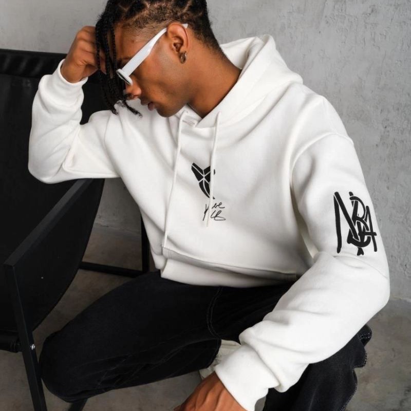 Erkek 3 İplik Pamuklu Kapüşonlu Baskılı Cepli Oversize Sweatshirt Hoodie - Beyaz
