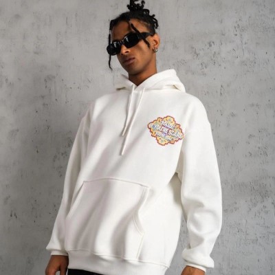 Erkek 3 İplik Pamuklu Kapüşonlu Baskılı Cepli Oversize Sweatshirt Hoodie - Beyaz Erkek 3 İplik Pamuklu Kapüşonlu Baskılı Cepli Oversize Sweatshirt Hoodie - Beyaz
