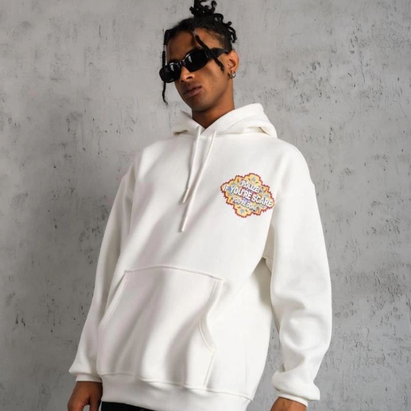 Erkek 3 İplik Pamuklu Kapüşonlu Baskılı Cepli Oversize Sweatshirt Hoodie - Beyaz Erkek 3 İplik Pamuklu Kapüşonlu Baskılı Cepli Oversize Sweatshirt Hoodie - Beyaz