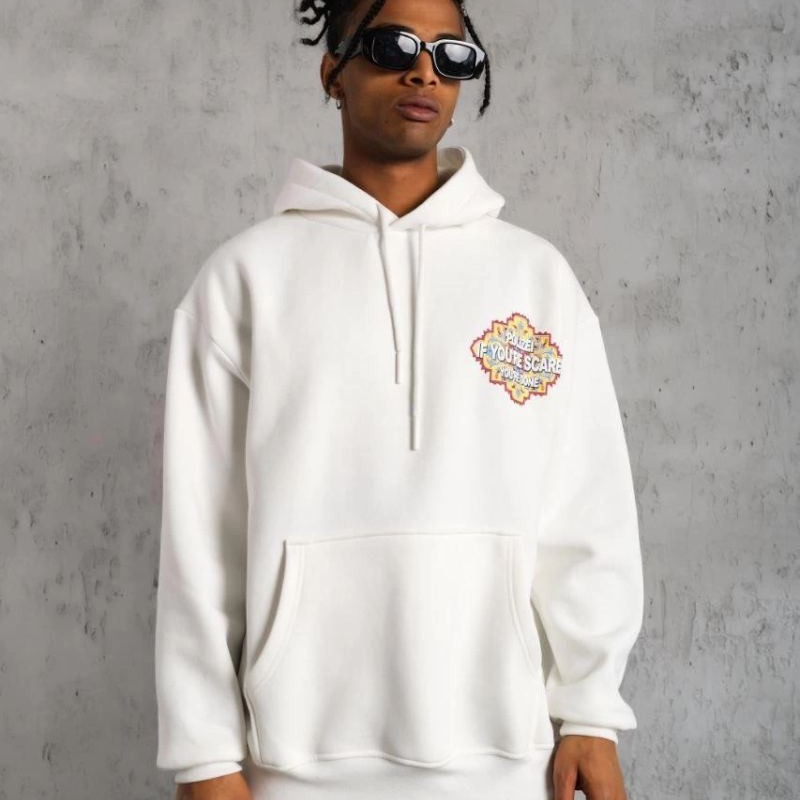 Erkek 3 İplik Pamuklu Kapüşonlu Baskılı Cepli Oversize Sweatshirt Hoodie - Beyaz Erkek 3 İplik Pamuklu Kapüşonlu Baskılı Cepli Oversize Sweatshirt Hoodie - Beyaz