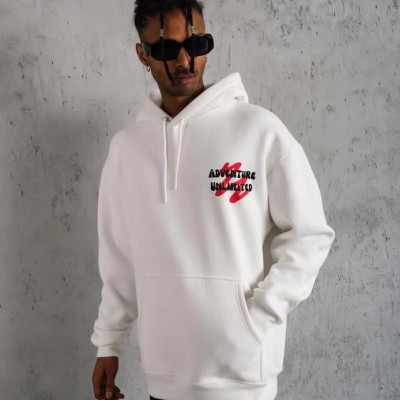 Erkek 3 İplik Pamuklu Kapüşonlu Baskılı Cepli Oversize Sweatshirt Hoodie - Beyaz