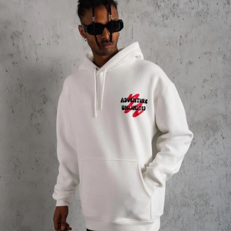 Erkek 3 İplik Pamuklu Kapüşonlu Baskılı Cepli Oversize Sweatshirt Hoodie - Beyaz