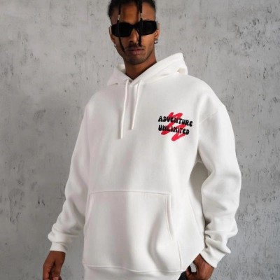 Erkek 3 İplik Pamuklu Kapüşonlu Baskılı Cepli Oversize Sweatshirt Hoodie - Beyaz