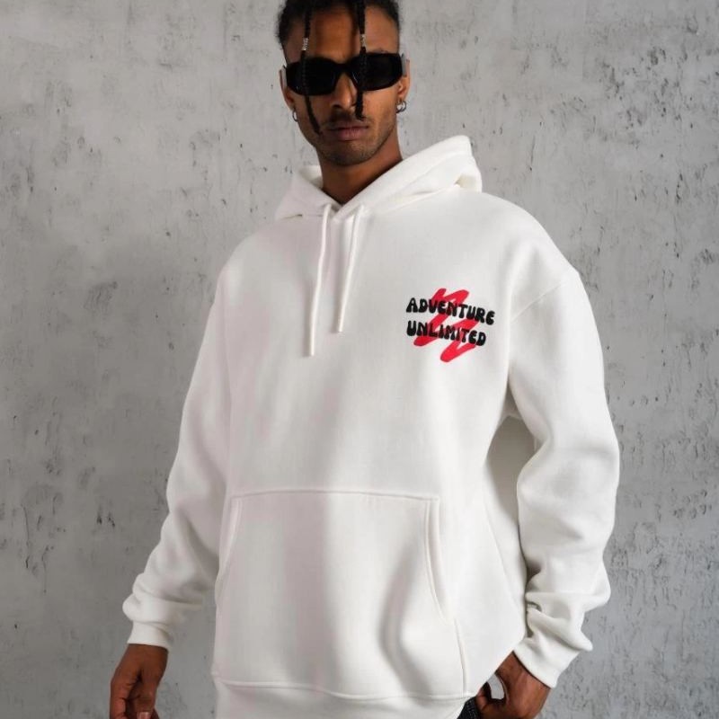 Erkek 3 İplik Pamuklu Kapüşonlu Baskılı Cepli Oversize Sweatshirt Hoodie - Beyaz