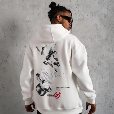 Erkek 3 İplik Pamuklu Kapüşonlu Baskılı Cepli Oversize Sweatshirt Hoodie - Beyaz