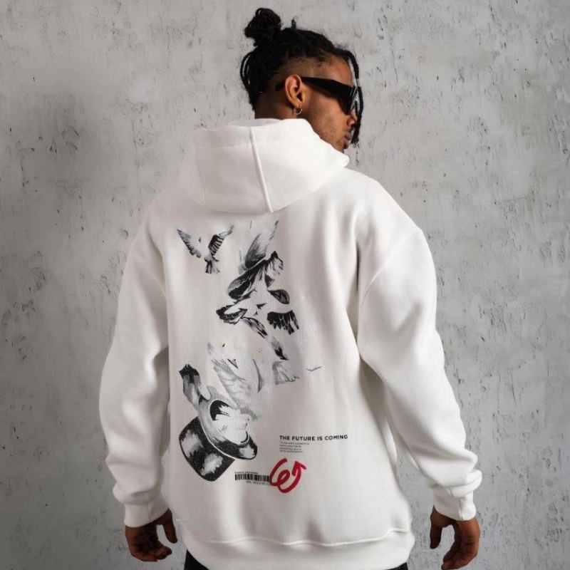 Erkek 3 İplik Pamuklu Kapüşonlu Baskılı Cepli Oversize Sweatshirt Hoodie - Beyaz