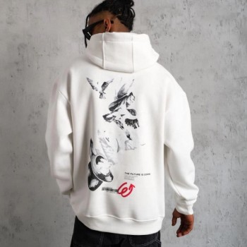 Erkek 3 İplik Pamuklu Kapüşonlu Baskılı Cepli Oversize Sweatshirt Hoodie - Beyaz