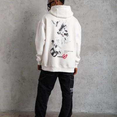 Erkek 3 İplik Pamuklu Kapüşonlu Baskılı Cepli Oversize Sweatshirt Hoodie - Beyaz
