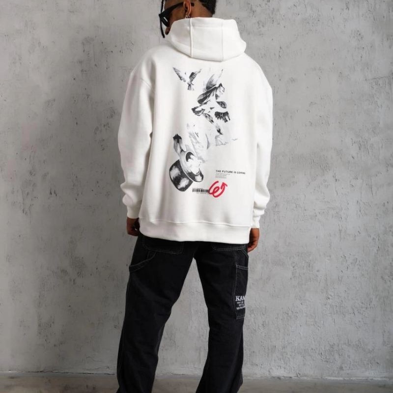 Erkek 3 İplik Pamuklu Kapüşonlu Baskılı Cepli Oversize Sweatshirt Hoodie - Beyaz