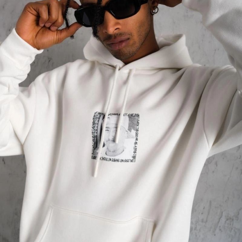 Erkek 3 İplik Pamuklu Kapüşonlu Baskılı Cepli Oversize Sweatshirt Hoodie - Beyaz Erkek 3 İplik Pamuklu Kapüşonlu Baskılı Cepli Oversize Sweatshirt Hoodie - Beyaz