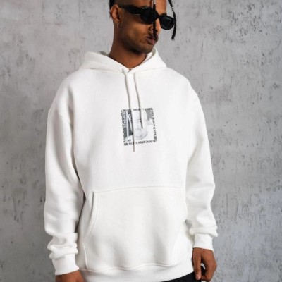 Erkek 3 İplik Pamuklu Kapüşonlu Baskılı Cepli Oversize Sweatshirt Hoodie - Beyaz Erkek 3 İplik Pamuklu Kapüşonlu Baskılı Cepli Oversize Sweatshirt Hoodie - Beyaz