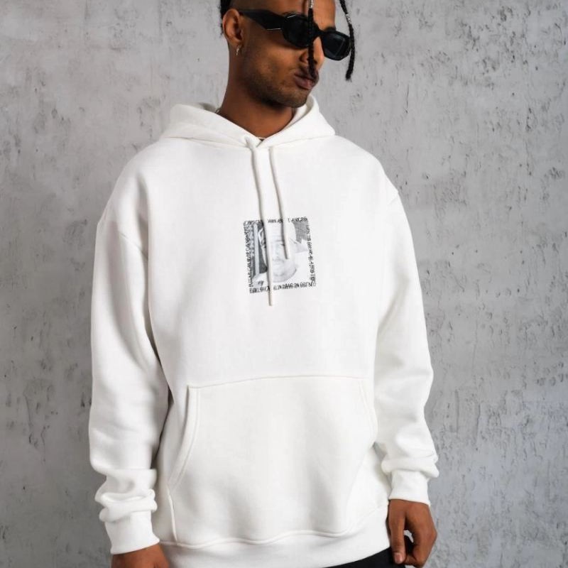 Erkek 3 İplik Pamuklu Kapüşonlu Baskılı Cepli Oversize Sweatshirt Hoodie - Beyaz Erkek 3 İplik Pamuklu Kapüşonlu Baskılı Cepli Oversize Sweatshirt Hoodie - Beyaz