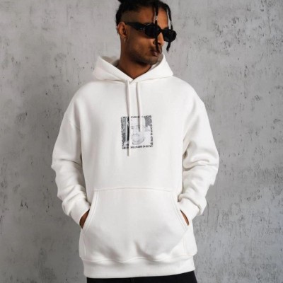 Erkek 3 İplik Pamuklu Kapüşonlu Baskılı Cepli Oversize Sweatshirt Hoodie - Beyaz Erkek 3 İplik Pamuklu Kapüşonlu Baskılı Cepli Oversize Sweatshirt Hoodie - Beyaz