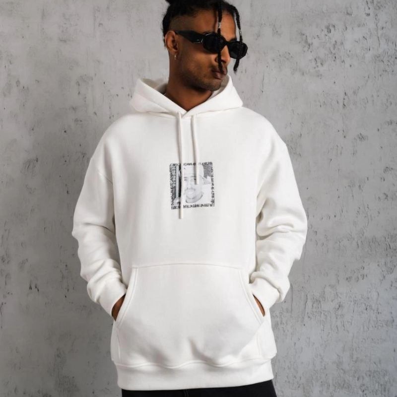 Erkek 3 İplik Pamuklu Kapüşonlu Baskılı Cepli Oversize Sweatshirt Hoodie - Beyaz Erkek 3 İplik Pamuklu Kapüşonlu Baskılı Cepli Oversize Sweatshirt Hoodie - Beyaz