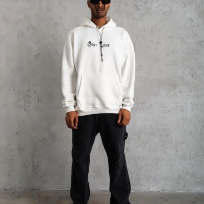 Erkek 3 İplik Pamuklu Kapüşonlu Baskılı Cepli Oversize Sweatshirt Hoodie - Beyaz Erkek 3 İplik Pamuklu Kapüşonlu Baskılı Cepli Oversize Sweatshirt Hoodie - Beyaz