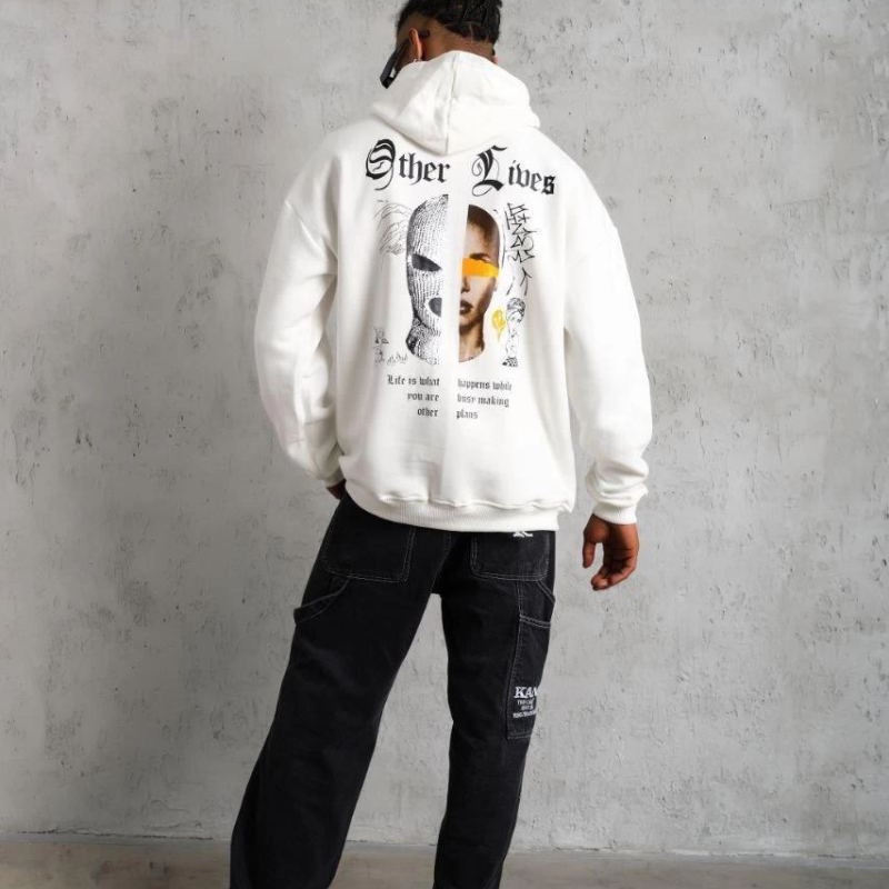 Erkek 3 İplik Pamuklu Kapüşonlu Baskılı Cepli Oversize Sweatshirt Hoodie - Beyaz Erkek 3 İplik Pamuklu Kapüşonlu Baskılı Cepli Oversize Sweatshirt Hoodie - Beyaz