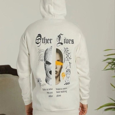 Erkek 3 İplik Pamuklu Kapüşonlu Baskılı Cepli Oversize Sweatshirt Hoodie - Beyaz Erkek 3 İplik Pamuklu Kapüşonlu Baskılı Cepli Oversize Sweatshirt Hoodie - Beyaz