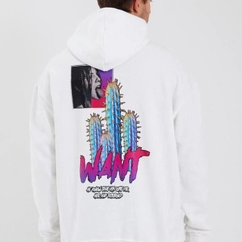 Erkek 3 İplik Pamuklu Kapüşonlu Baskılı Cepli Oversize Sweatshirt Hoodie - Beyaz
