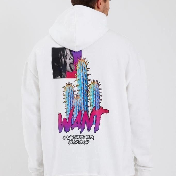 Erkek 3 İplik Pamuklu Kapüşonlu Baskılı Cepli Oversize Sweatshirt Hoodie - Beyaz