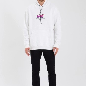 Erkek 3 İplik Pamuklu Kapüşonlu Baskılı Cepli Oversize Sweatshirt Hoodie - Beyaz