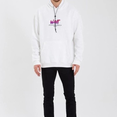 Erkek 3 İplik Pamuklu Kapüşonlu Baskılı Cepli Oversize Sweatshirt Hoodie - Beyaz