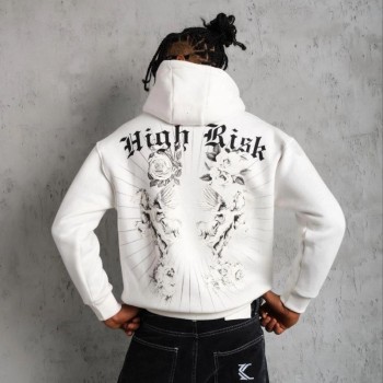 Erkek 3 İplik Pamuklu Kapüşonlu Baskılı Cepli Oversize Sweatshirt Hoodie - Beyaz