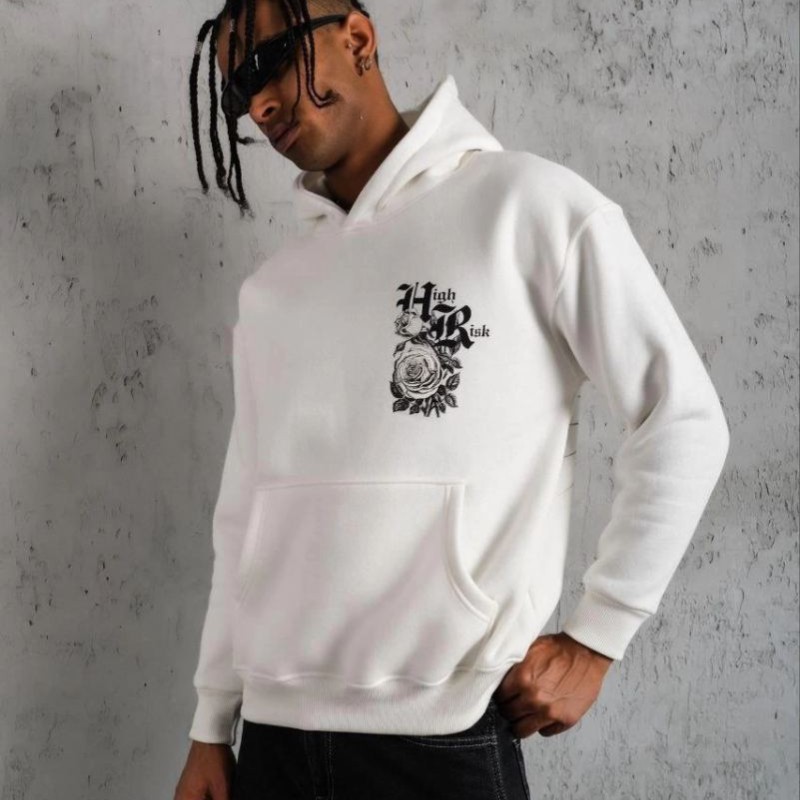 Erkek 3 İplik Pamuklu Kapüşonlu Baskılı Cepli Oversize Sweatshirt Hoodie - Beyaz Erkek 3 İplik Pamuklu Kapüşonlu Baskılı Cepli Oversize Sweatshirt Hoodie - Beyaz