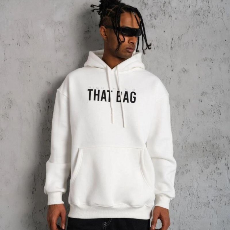 Erkek 3 İplik Pamuklu Kapüşonlu Baskılı Cepli Oversize Sweatshirt Hoodie - Beyaz Erkek 3 İplik Pamuklu Kapüşonlu Baskılı Cepli Oversize Sweatshirt Hoodie - Beyaz
