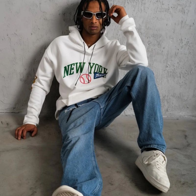 Erkek 3 İplik Pamuklu Kapüşonlu Baskılı Cepli Oversize Sweatshirt Hoodie - Beyaz Erkek 3 İplik Pamuklu Kapüşonlu Baskılı Cepli Oversize Sweatshirt Hoodie - Beyaz